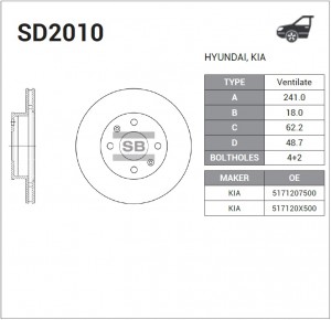 Диск тормозной HYUNDAI i10 1.1 08-/KIA PICANTO 1.0-1.1 04- передний вент.D 241мм SD2010 SANGSIN