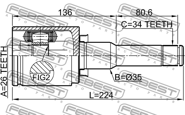 ШРУС ВНУТРЕННИЙ ЛЕВЫЙ 26X35X34 подходит для OPEL ASTRA J 2010-2015 1811-A16LH 1811-A16LH FEBEST