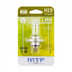 Лампа 12V H19 60/55W PU43t-3 +30% блистер (1шт.) Long Life MTF HLL1219B MTF