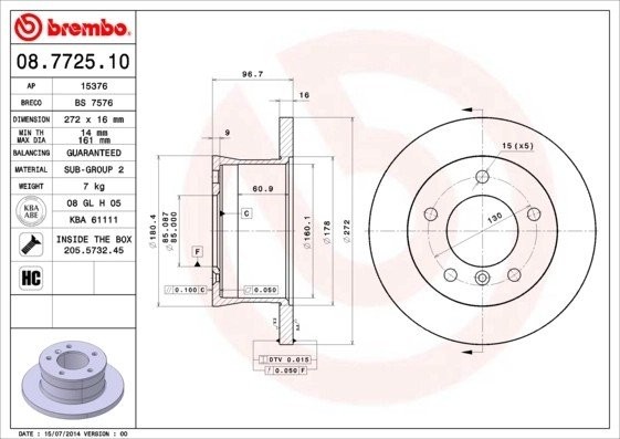 08.7725.10 диск торм. зад. !\ MB Sprinter, VW LT 89> 08.7725.10 BREMBO