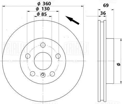 Диск торм. VW Touareg II (10-) перед. d=360 лев. (окраш.) (DF 198014) DF 198014 TRIALLI