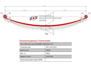 Лист рессоры МАЗ-6516 передней №1 в сборе с втулками L=1900мм ЧМЗ 6516B929021010010 OMK AUTO