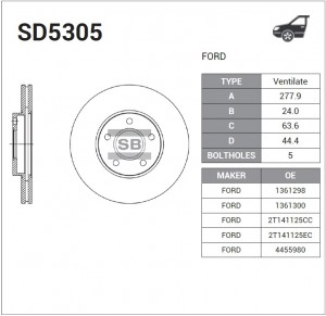 Диск тормозной FORD Transit (02-) передний (1шт.) SANGSIN SD5305 SANGSIN