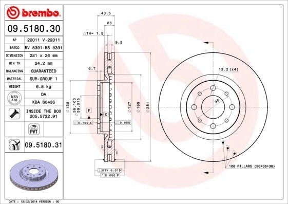 Диск тормозной Brembo Painted Disc 09.5180.31 09.5180.31 BREMBO