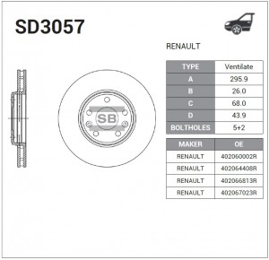 Диск тормозной RENAULT Laguna 3 (07-) передний (1шт.) SANGSIN SD3057 SANGSIN