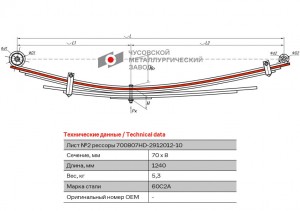Лист рессоры HYUNDAI Porter 2 задней №2 (7 листов) L=1240мм ЧМЗ 700807HD2912102 OMK AUTO