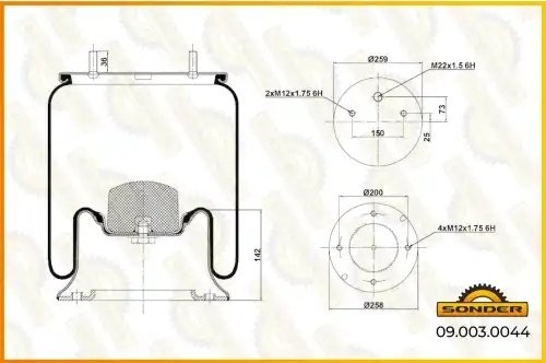 Пневморессора Premium со стаканом (металл) (2 шп. М12мм,1 отв. М22х1.5мм) — 3 го 090030044 SONDER