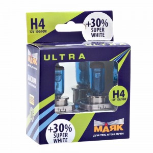 Лампа галогеновая головного света H4 P43t Ultra Super White + 30% 12V цена за ко 82420 SW+30 MAYAK