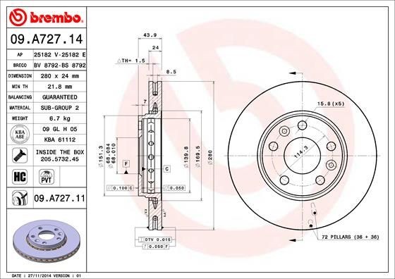 Диск тормозной RENAULT Megane (08-),Laguna (07-),Duster (10-) передний (1шт.) BR 09.A727.11 BREMBO