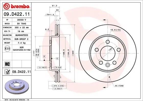 Диск тормозной 09.D422.11 09D42211 BREMBO