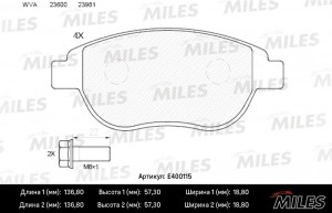 Колодки тормозные передние (без датчика + болты) (Смесь Low-Metallic) CITROEN C4 E400115 MILES
