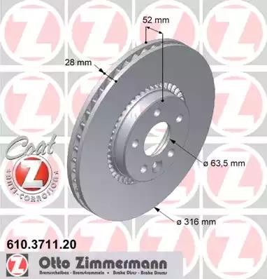 диск тормозной !перед. 316x28/52-5x108 \ Ford Galaxy/S-Max 06>, Volvo S60/S80/V6 610.3711.20 ZIMMERMANN