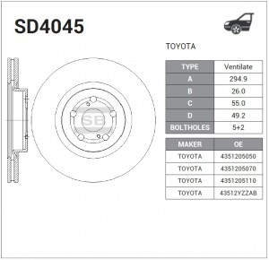 Диск тормозной передний TOYOTA AVENSIS T25 SD4045 SD4045 SANGSIN