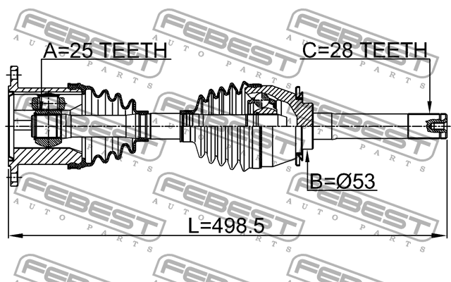 ПРИВОД В СБОРЕ ПРАВЫЙ 498.5X28 подходит для SSANG YONG KORANDO 1993-2008 1414-MU 1414-MUS FEBEST