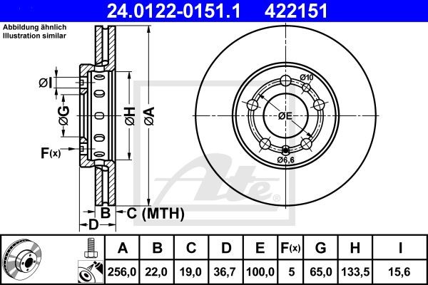Диск тормозной VW Golf 4,5 AUDI A2,A3 SKODA Fabia,Octavia передний (1шт.) ATE 24.0122-0151.1 ATE