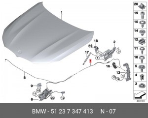 Трос BMW 7 (G11,G12) привода замка капота OE 51 23 7 347 413 BMW