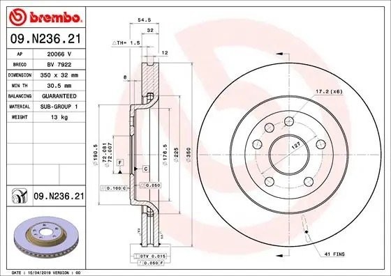 09.N236.21 диск тормозной передний!\ Jeep Grand Cherokee IV 10> 09.N236.21 BREMBO