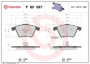 Колодки тормозные AUDI A6 (05-10) передние (4шт.) BREMBO P85097 BREMBO