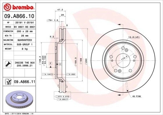 Диск тормозной 09.A866.11 09.A866.11 BREMBO