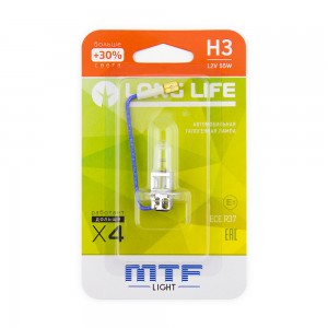 Лампа 12V H3 55W РK22s +30% блистер (1шт.) Long Life MTF HLL1203B MTF