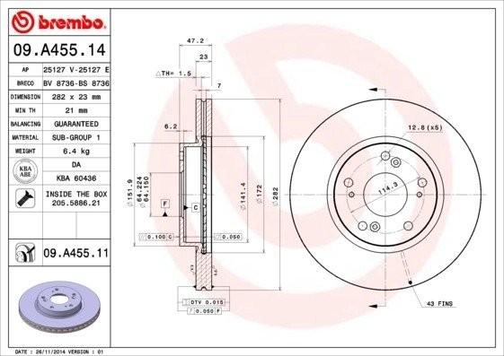 Диск тормозной 09.A455.14 09.A455.14 BREMBO