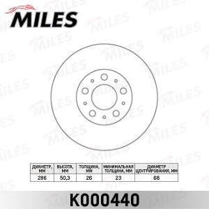 Диск тормозной передний D286мм. VOLVO S60 01-/S80 99-06/V70 97-/XC70 02- R15 (TR K000440 MILES