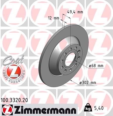 диск тормозной !задн. 302x12/49-5x112 \ Audi A6 2.4-3.2/2.0/3.0TDi 04> 100.3320.20 ZIMMERMANN