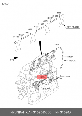 Шланг топливный HYUNDAI HD65,78,County дв.D4DD перелива от рампы OE 3163045700 HYUNDAI KIA