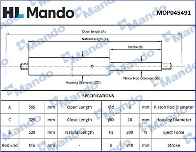 Амортизатор KIA Sorento (02-) капота (1шт.) MANDO MOP045491 MANDO