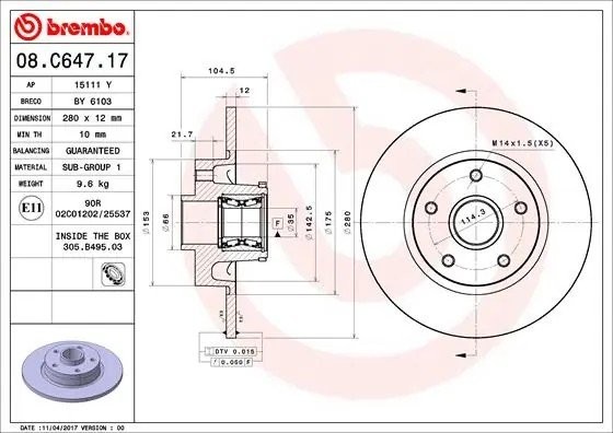 Диск тормозной с подшипником 08.C647.17 08C64717 BREMBO