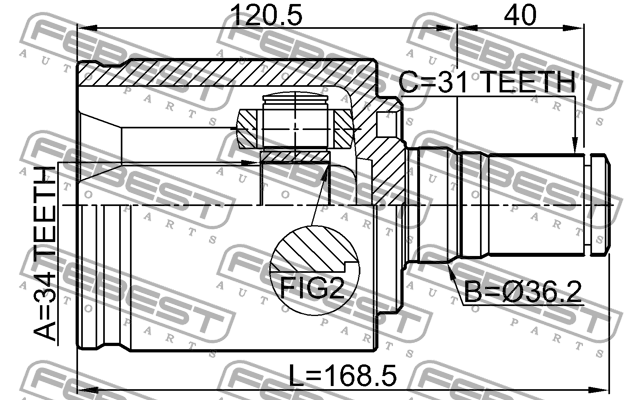 ШРУС внутренний левый 34x36.2x31 SSANG YONG NEW ACTYON (KORANDO C) 10-13 1411-KO 1411KOR6ATLH FEBEST