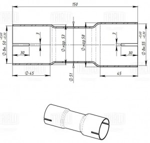 Соединитель труб глушителя под хомут d=50/d=55 L=150 алюминизированная сталь EMP 5055 TRIALLI