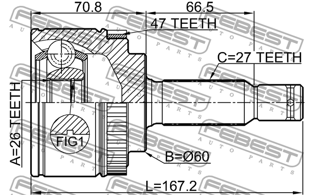 ШРУС внешний 26X60X27 KIA OPIRUS 2003-2006 2210-OPIA47 2210-OPIA47 FEBEST