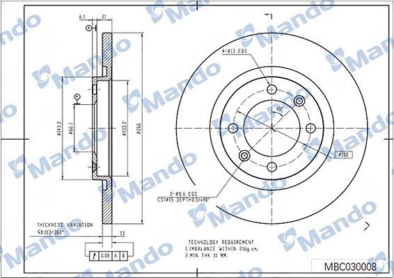 Диск тормозной PEUGEOT 301 (13-) CITROEN C3 (02-) передний (1шт.) MANDO MBC030008 MANDO