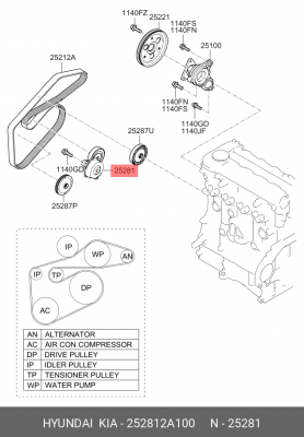 Натяжитель приводного ремня HYUNDAI Accent (06-),Elantra (06-),i30 KIA Ceed,Soul 252812A100 HYUNDAI KIA