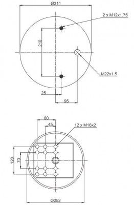 Пневморессора со стаканом (пластик) 2шп.-M12 + 1 отвер.M22 под возд. 0542943510 BPW