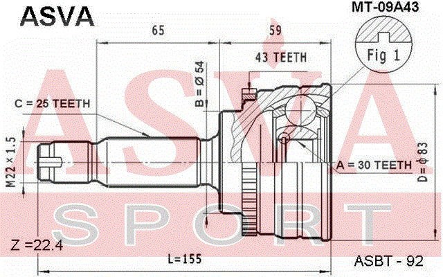 Шрус наружный 30x54x25 MT-09A43 ASVA