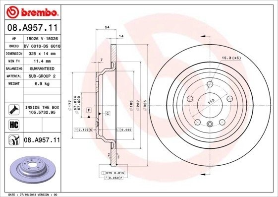 Диск тормозной 08.A957.11 08.A957.11 BREMBO