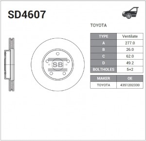 Диск тормозной TOYOTA Corolla (13-) передний вентилируемый (1шт.) SANGSIN SD4607 SANGSIN