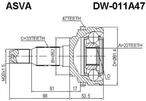 DW-011A47 ШРУС НАРУЖНЫЙ 22x52x33 (NUBIRA OPTRA LACETTI) 12 DW011A47 DW-011A47 ASVA