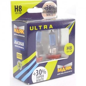 Лампа галогенная H8 12V 35W "Маяк" Super White УЛЬТРА (PGJ19-1+30%) (2 шт.) 82820 SW+30 MAYAK