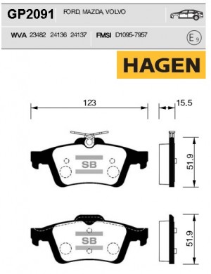 колодки дисковые задние! HAGEN\ Ford Focus II/C-Max,Mazda 3, Volvo S40 1.4-2.4/2 GP2091 HAGEN
