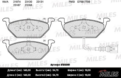 Колодки тормозные передние (с датчиком) (Смесь Semi-Metallic) AUDI A3 03/VW G4/G E100061 MILES