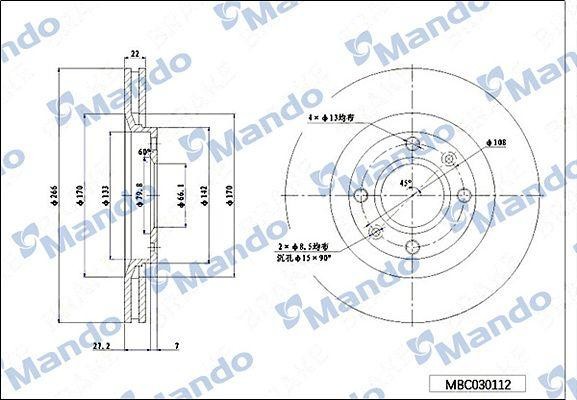 Диск тормозной HYUNDAI Santa Fe (00-) (2WD),Trajet (00-) передний (1шт.) MANDO MBC030113 MANDO