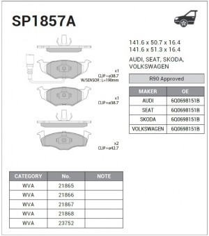 Колодки тормозные дисковыеVW Polo 1.0i-1.9SDi 96-01/Lupo 1.0i/1.4/TDi/1.7SDi 98- SP1857A SANGSIN