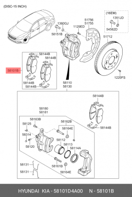 Колодки тормозные HYUNDAI Sonata LF (17-) (R15) передние (4шт.) OE 58101D4A00 HYUNDAI KIA