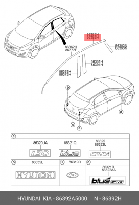 Наклейка HYUNDAI i30 (12-) двери задней правой верхняя OE 86392A5000 HYUNDAI KIA