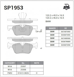 Колодки тормозные BMW 1 (F20,F21),3 (F30,F31) задние (4шт.) SANGSIN SP1953 SANGSIN