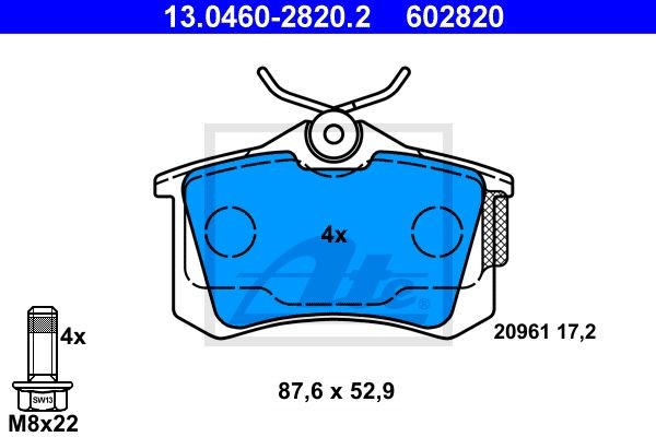 Колодки тормозные VW AUDI SEAT SKODA задние (4шт.) ATE 13.0460-2820.2 ATE