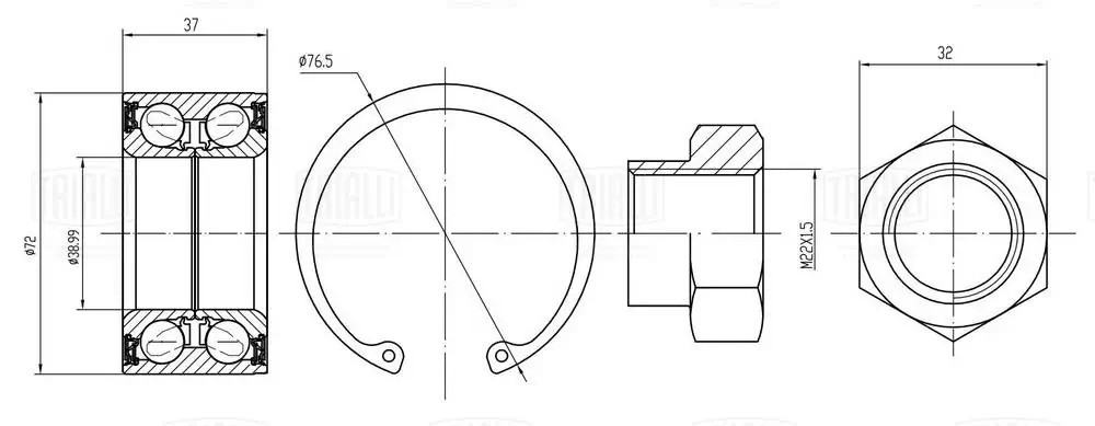 Подшипник ступицы Ford Escort (95-) перед. (кмпл:подш./стоп.кол./гайка) (CS 1071 CS1071 TRIALLI